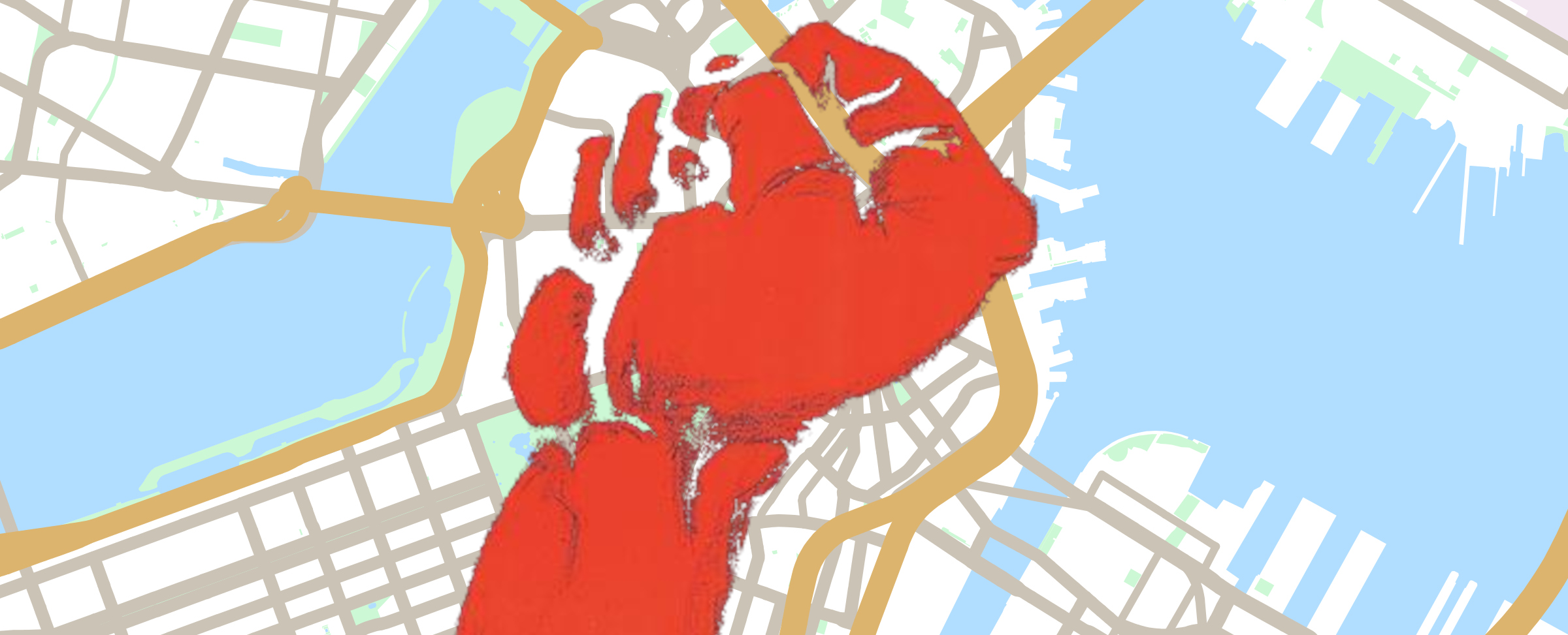 A simplified map of Boston, including downtown and parts of South Boston and Cambridge. A red clenched fist illustration, roughly the size and shape of downtown, is superimposed.